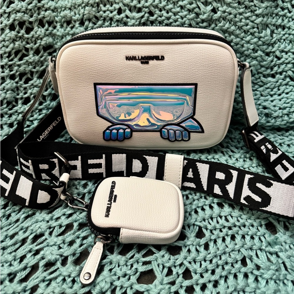 Karl Lagerfeld White Camera Bag with Iridescent White Bluish Detail